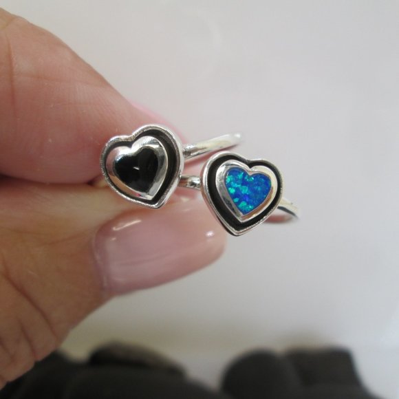 Dainty Heart Rings>Choice of Black Onyx or Blue Opal>925 Sterling Silver ring - Picture 5 of 6